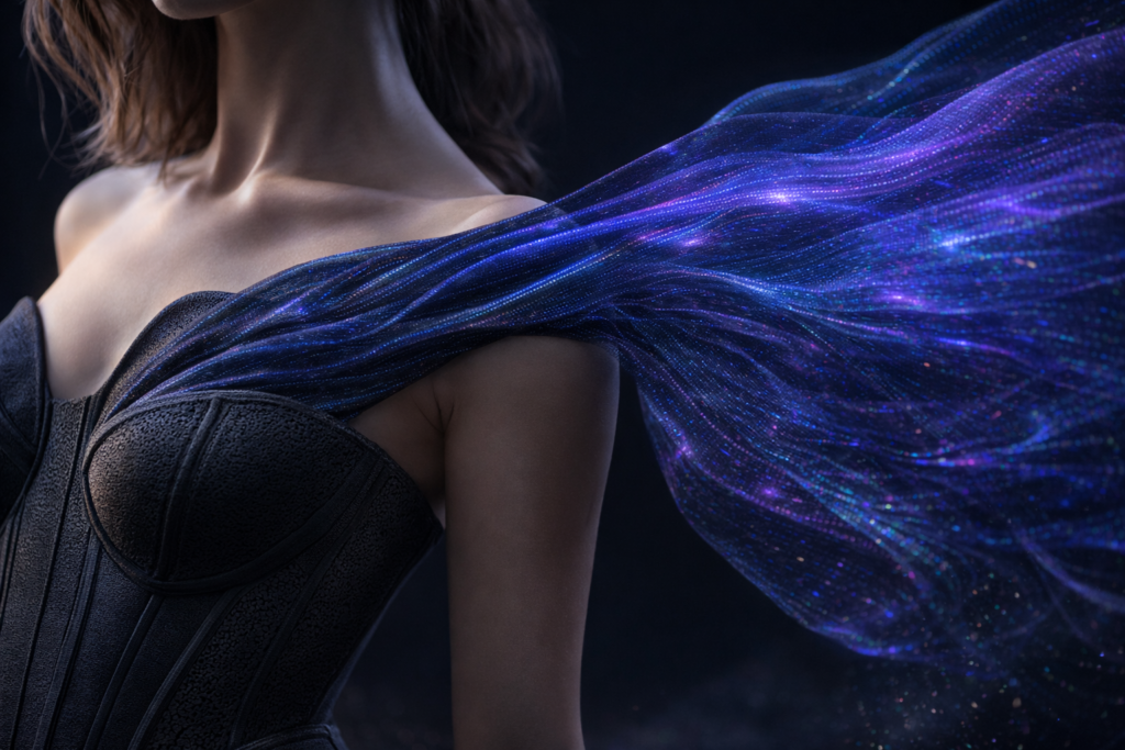 Close-up of holographic digital fabric texture used in virtual couture garment design