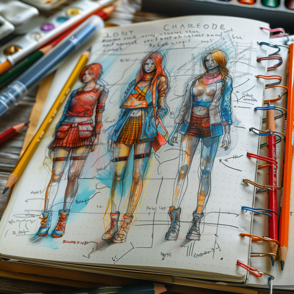 Fashion design sketches and illustration notebook showing beginner portfolio ideas for aspiring designers
