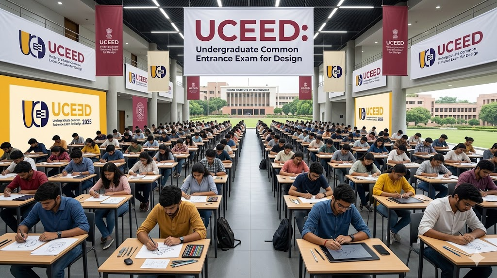 Students appearing for UCEED design entrance exam in a large examination hall at IIT Bombay.
