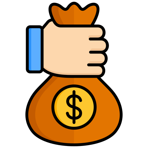 Graphic icon of a hand holding a money bag with a dollar sign representing the cost of studying fashion design and interior design in India.