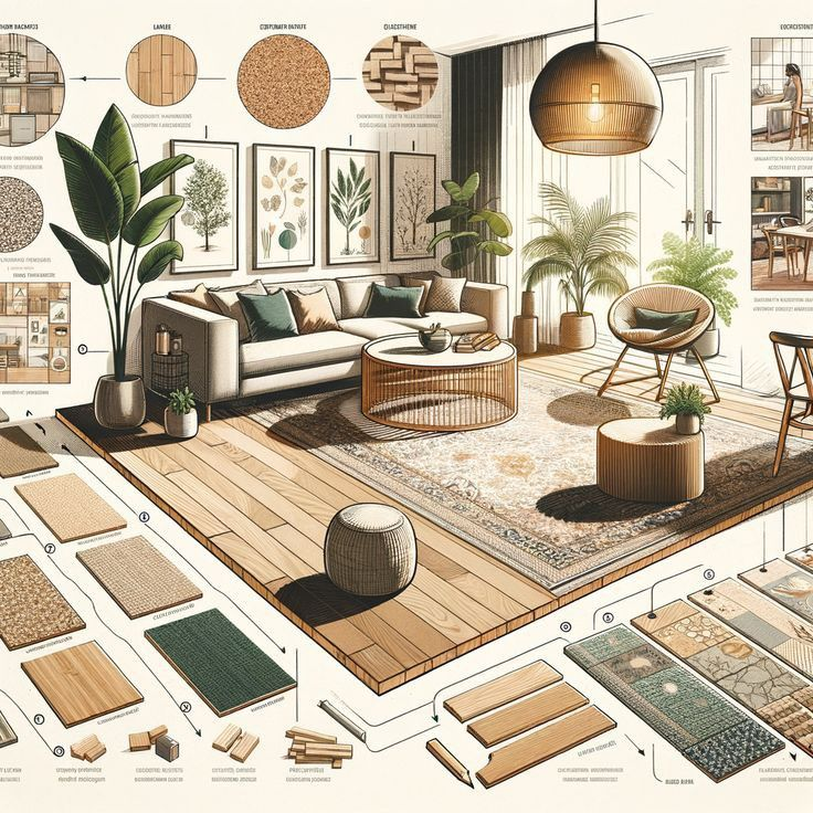Detailed interior design mood board and floor plan featuring a modern living room layout, material swatches, wood flooring samples, and lighting fixtures.