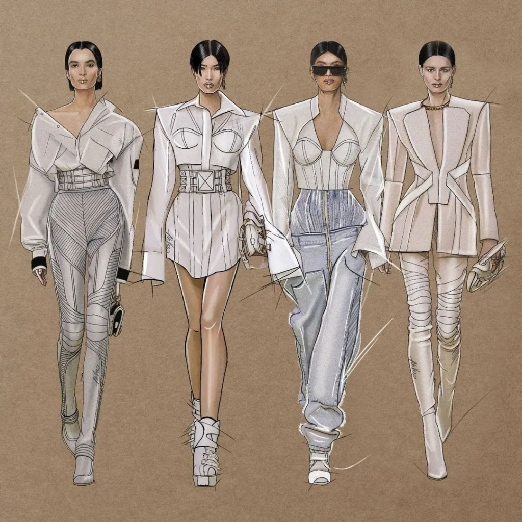 Professional fashion design sketches showing a four-outfit collection of modern white and denim couture streetwear on a neutral background.