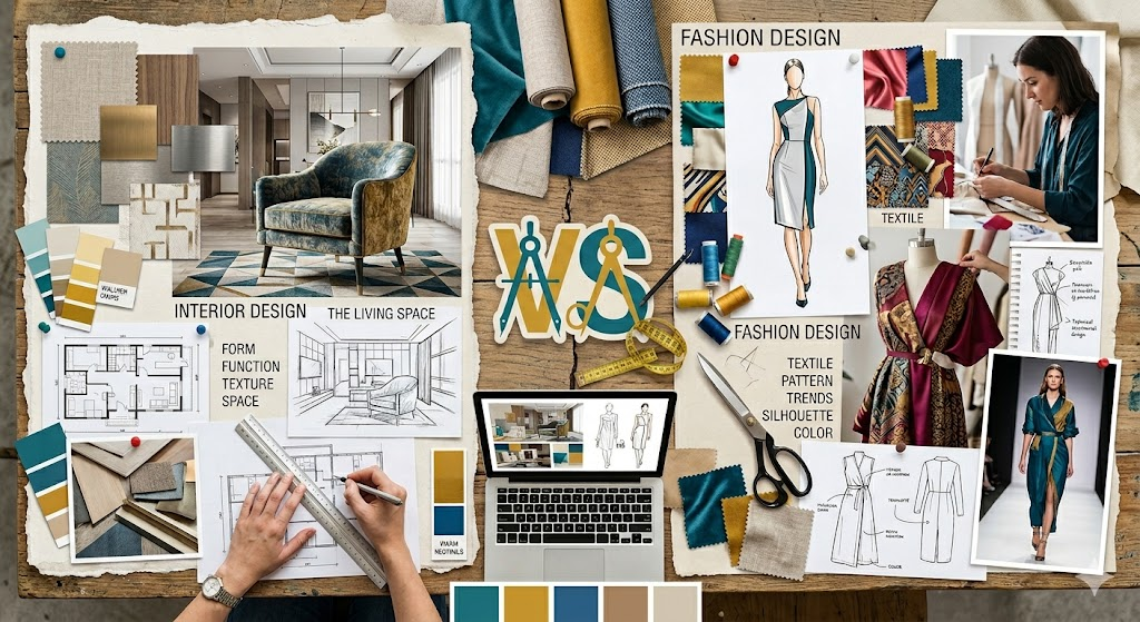 Comparison collage of fashion design and interior design workflows including fabric swatches, architectural blueprints, fashion illustrations, and digital design tools.