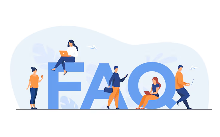 Flat vector illustration of people interacting with large blue FAQ letters, representing frequently asked questions about fashion and interior design careers.