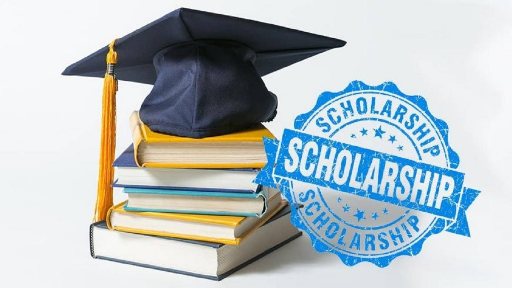 Scholarship concept for fashion design students in India with graduation cap, books, and financial aid stamp
