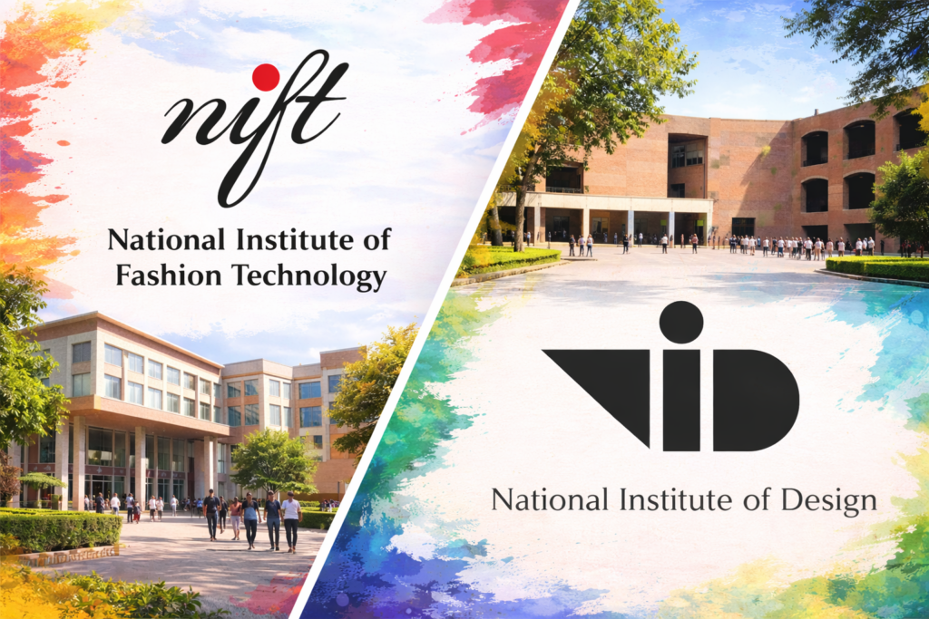 NIFT and NID campus comparison with logos and buildings – top government fashion design institutes in India