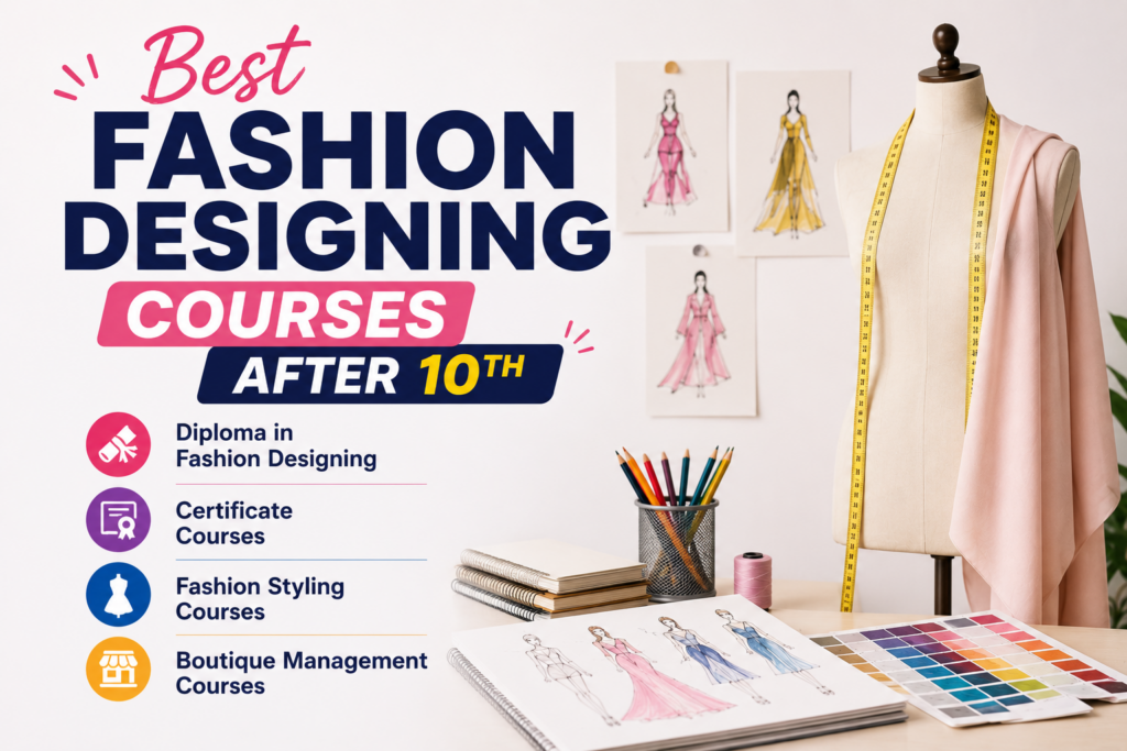 Best fashion designing courses after 10th featuring diploma, certificate, fashion styling, and boutique management programs with fashion design tools and mannequin.