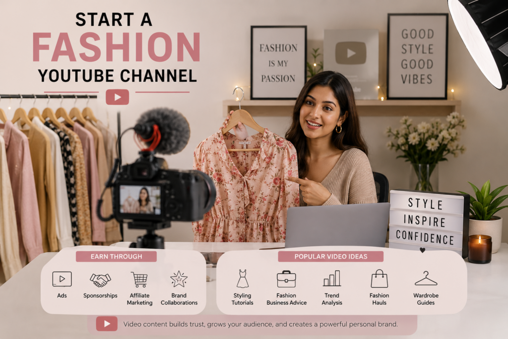Fashion YouTube creator recording style content with camera setup and clothing display.