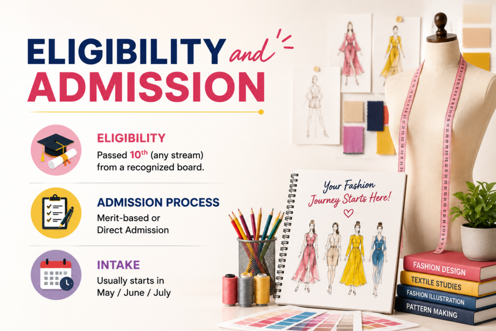 Eligibility and admission process for fashion designing courses after 10th including Class 10 qualification requirements, direct admission, and course intake information.