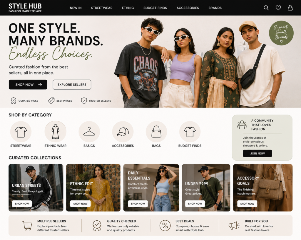 Online fashion marketplace featuring multiple clothing brands, curated collections, and fashion categories.
