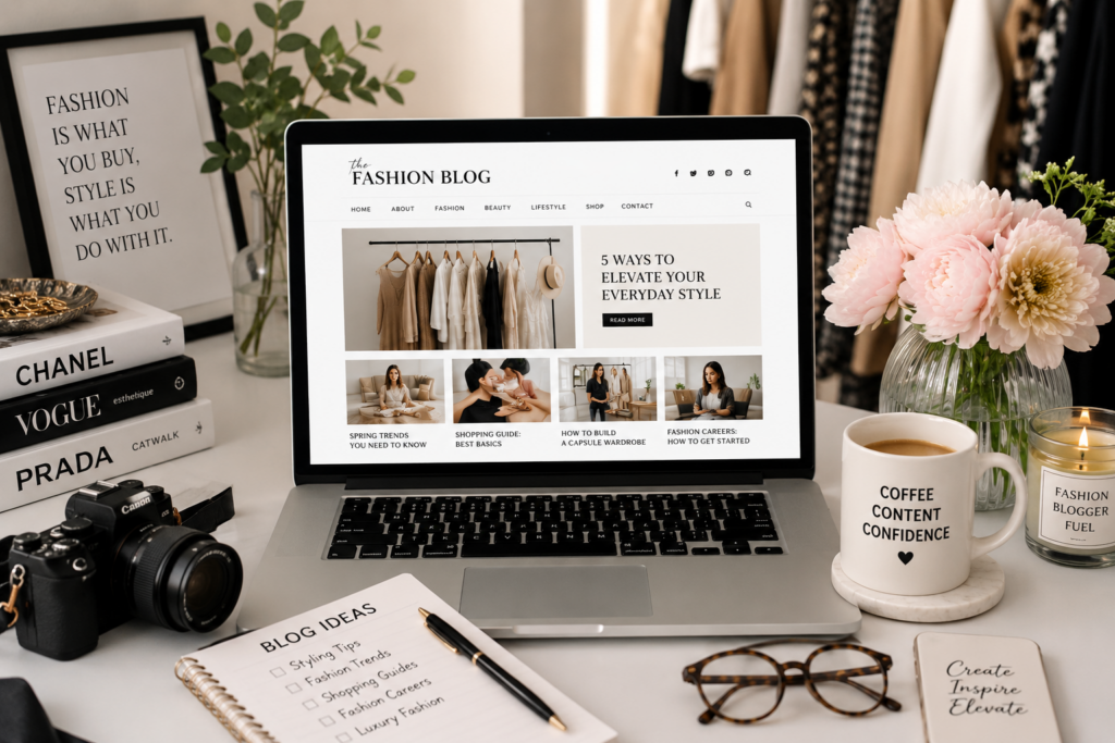 Fashion blogging workspace with laptop, camera, content planning tools, and style inspiration.