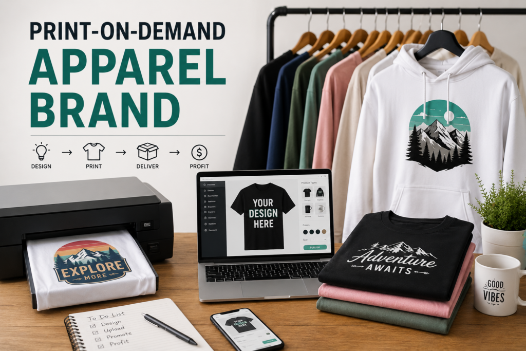 Print-on-demand apparel business setup with custom t-shirts, hoodie designs, and online store tools.