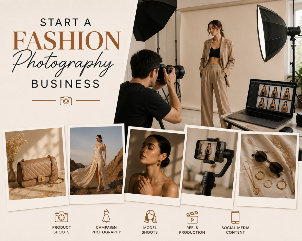 Fashion photography studio with professional photoshoot setup, model photography, and content creation.