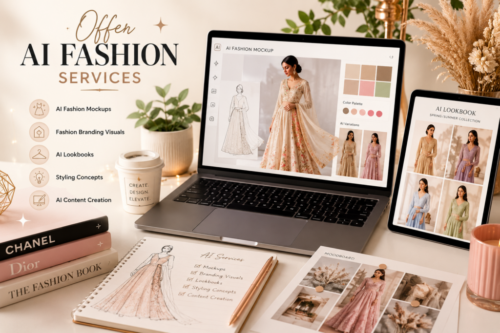 AI fashion services workspace with digital fashion mockups, AI lookbooks, and design technology tools.