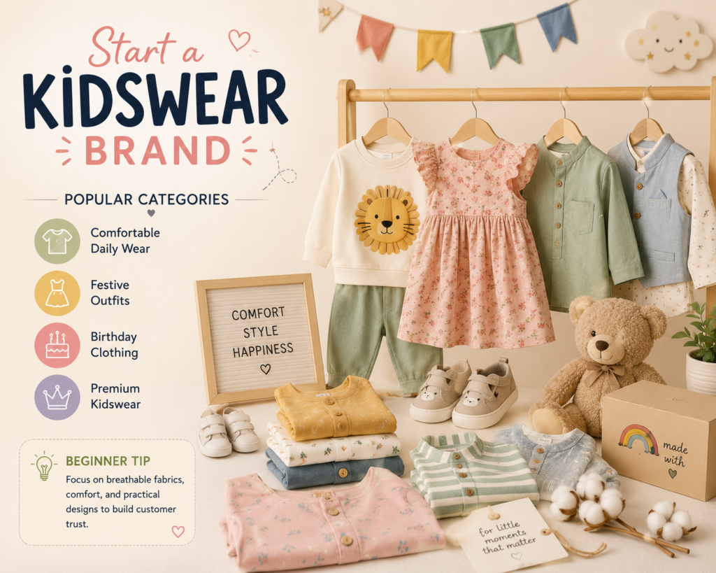 Kidswear fashion brand displaying comfortable children's clothing, festive outfits, and premium apparel.