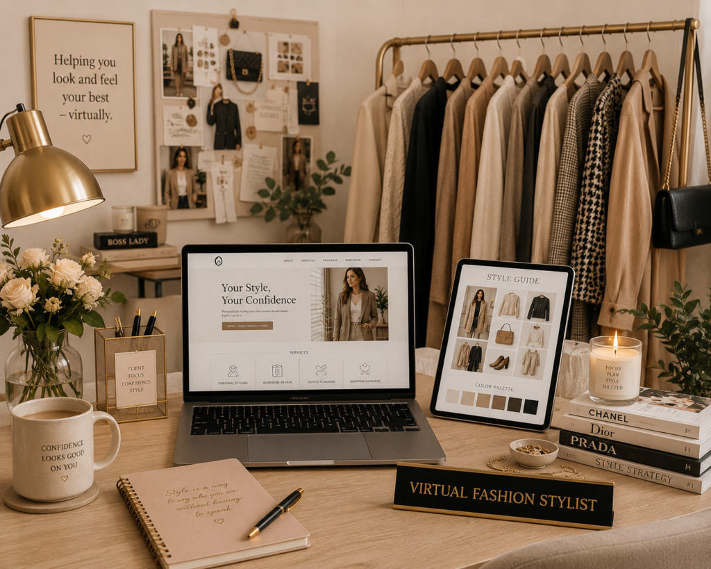 Virtual fashion stylist workspace with digital styling tools, wardrobe planning, and fashion consultation setup.