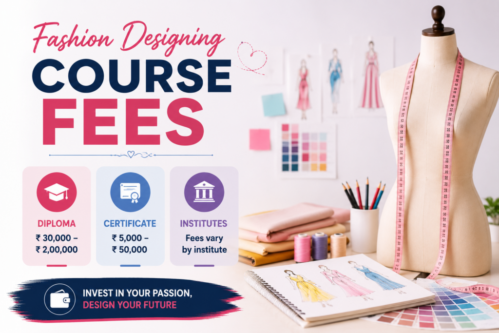 Fashion designing course fees in India after 10th showing diploma and certificate course fee structure, fashion institute costs, and fashion education expenses.