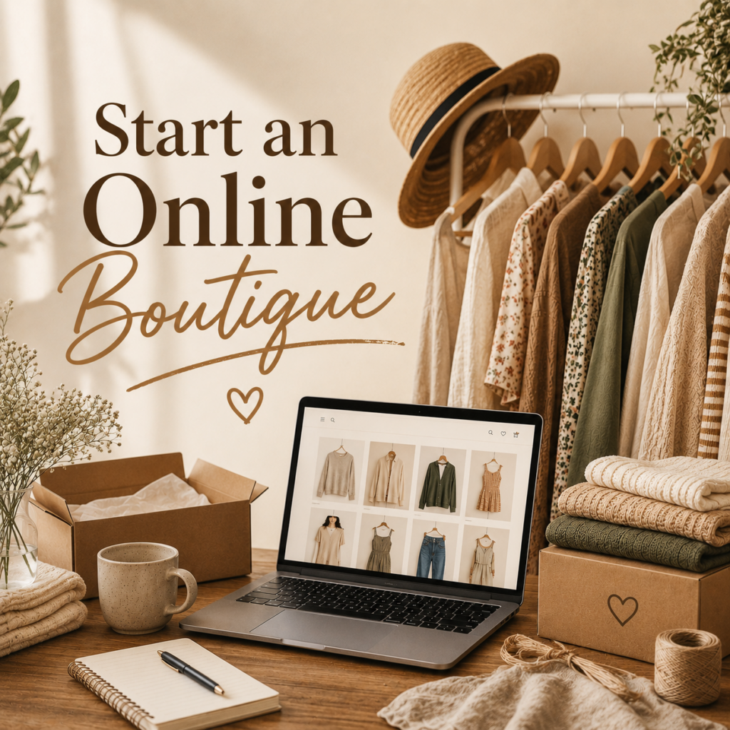 Online fashion boutique workspace with clothing collection, e-commerce store, and packaging materials.