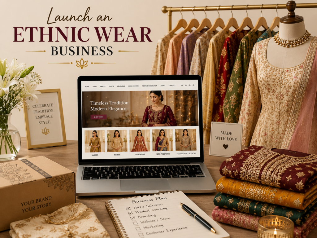 Ethnic wear business showcasing sarees, lehengas, kurtis, and traditional Indian fashion collection.