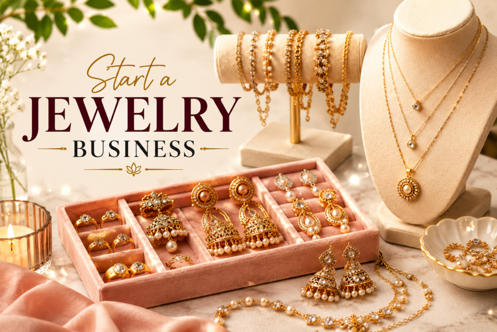 Fashion jewelry business display featuring necklaces, earrings, rings, and handmade accessories.