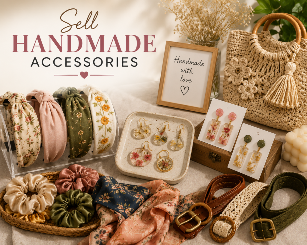 Handmade accessories collection featuring hair accessories, resin jewelry, bags, scarves, and belts.