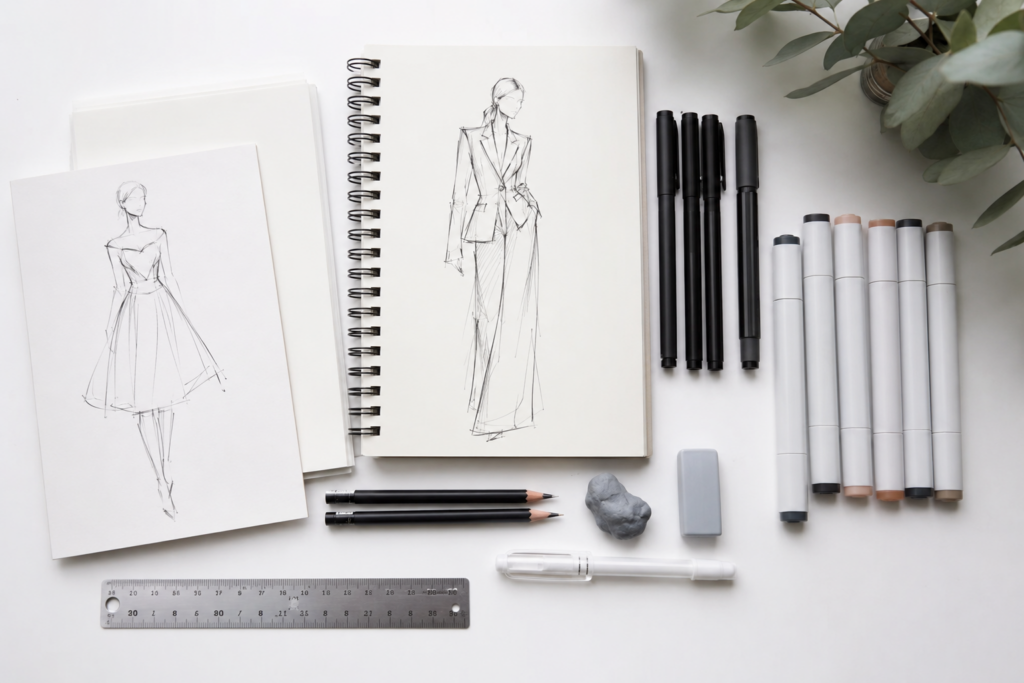 Essential fashion illustration tools for beginners including sketchbook, Bristol paper, graphite pencils, fine liners, alcohol markers, kneaded eraser and ruler arranged on a workspace.