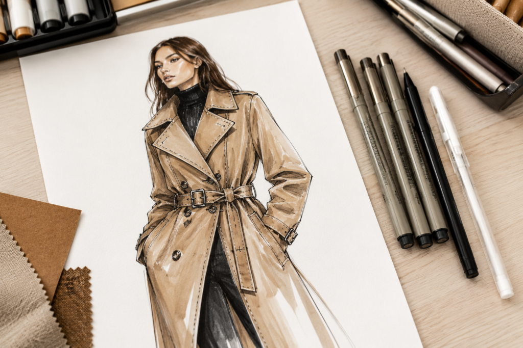 Completed fashion illustration featuring garment stitching, buttons, seams and white gel pen highlights with waterproof fine liners on a designer's desk.