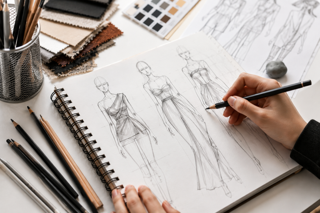 Fashion design student sketching a fashion croquis with graphite pencils in a sketchbook using professional fashion illustration techniques.