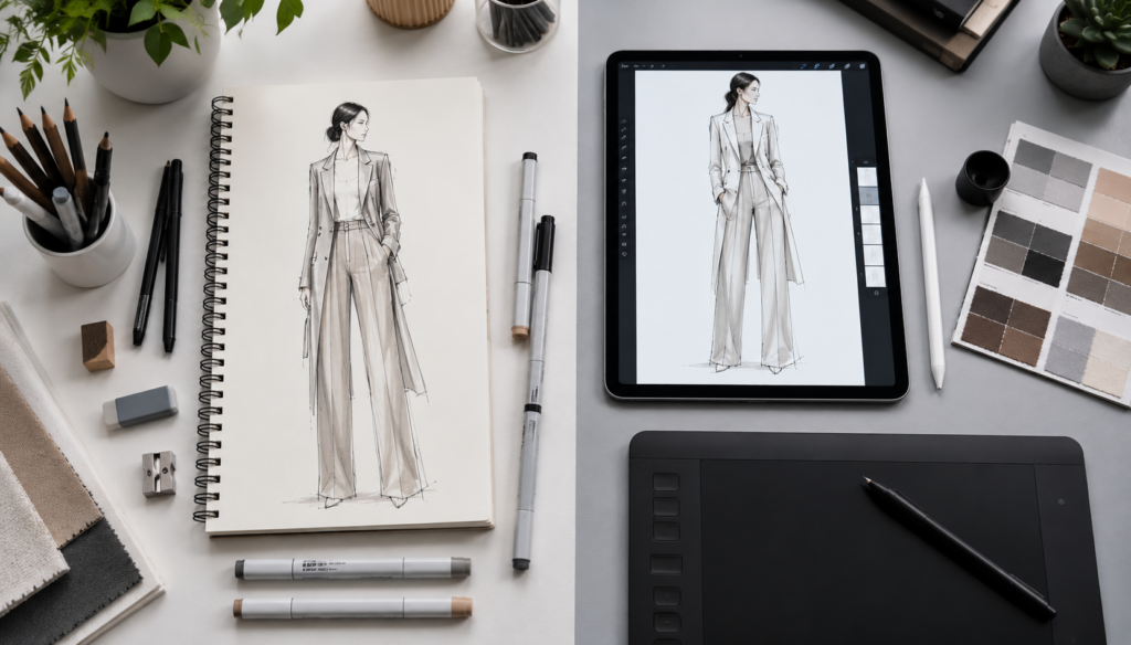 Traditional sketchbook and digital drawing tablet displaying fashion illustrations in a modern fashion design workspace with professional drawing tools.