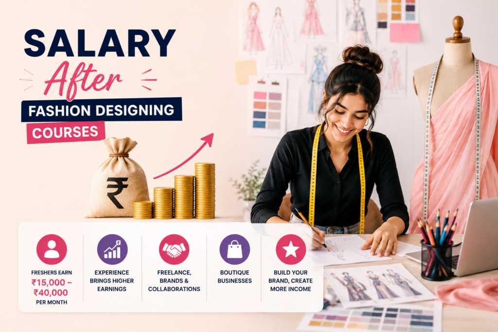 Fashion designing salary after courses in India showing fresher salary range, career growth, freelance opportunities, boutique business income, and fashion industry earnings.
