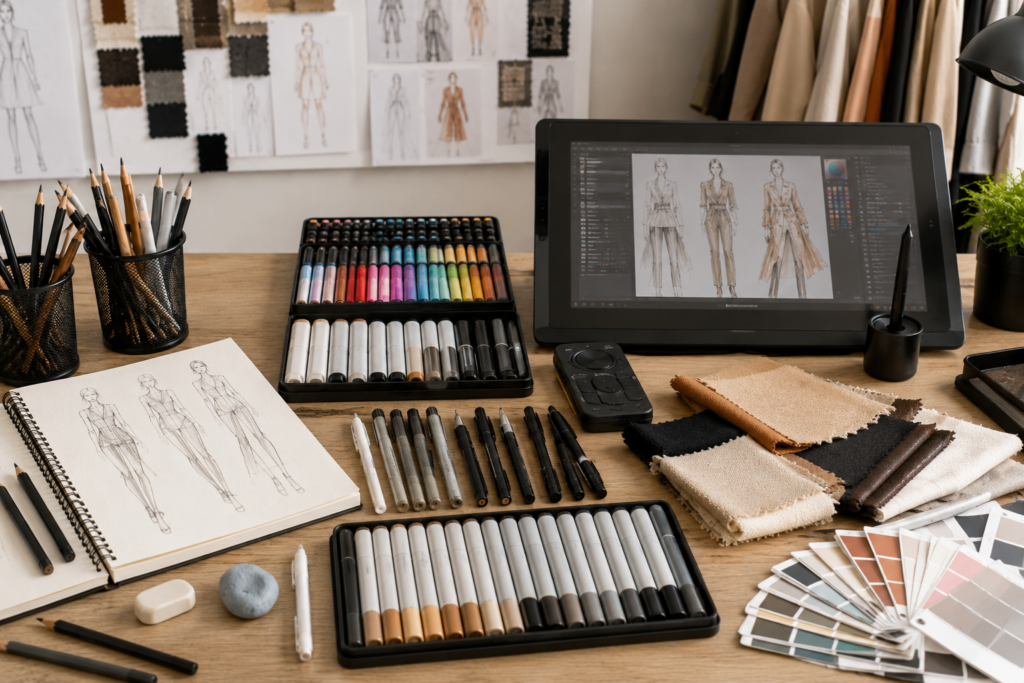Fashion illustration toolkit progression from beginner sketchbook and pencils to professional digital drawing tablet, alcohol markers and fabric swatches.