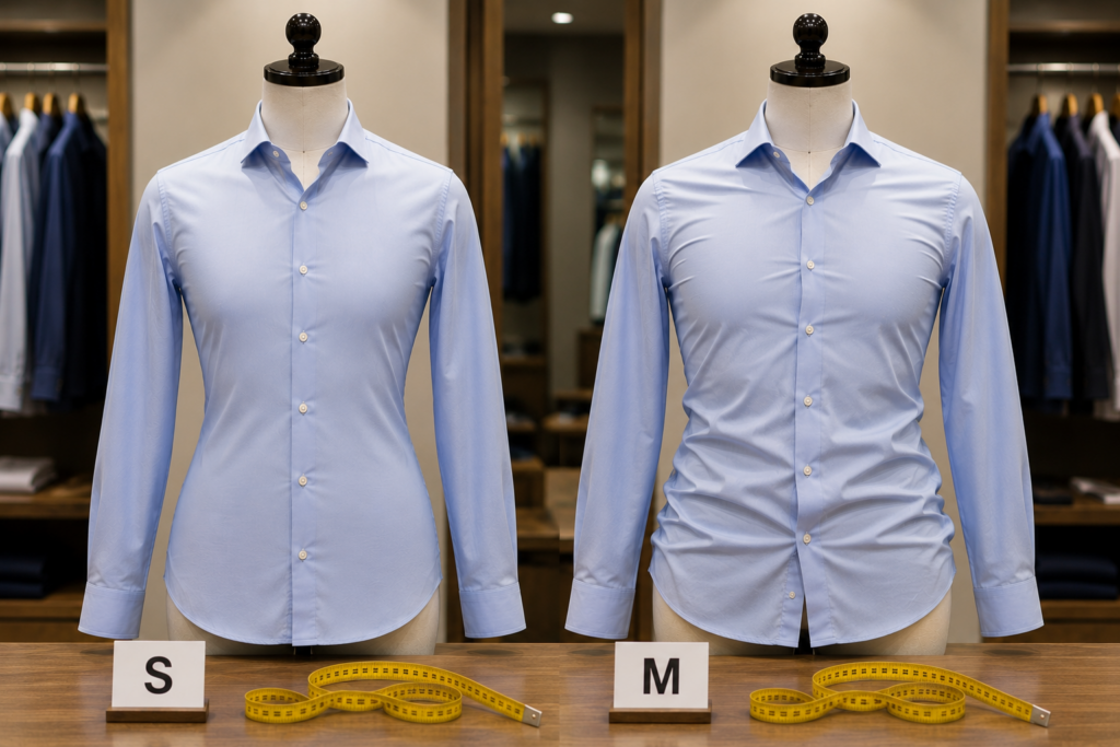 Side-by-side comparison of shirt fit demonstrating the difference between clothing size and garment fit