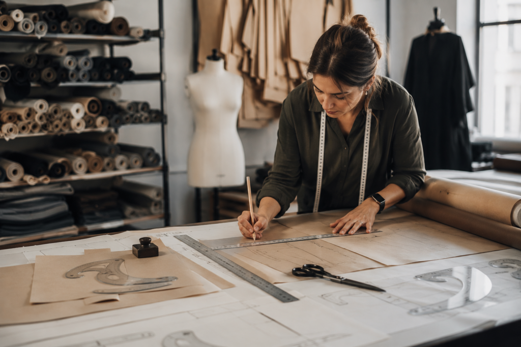 Professional pattern maker drafting clothing patterns for better garment fit and apparel construction
