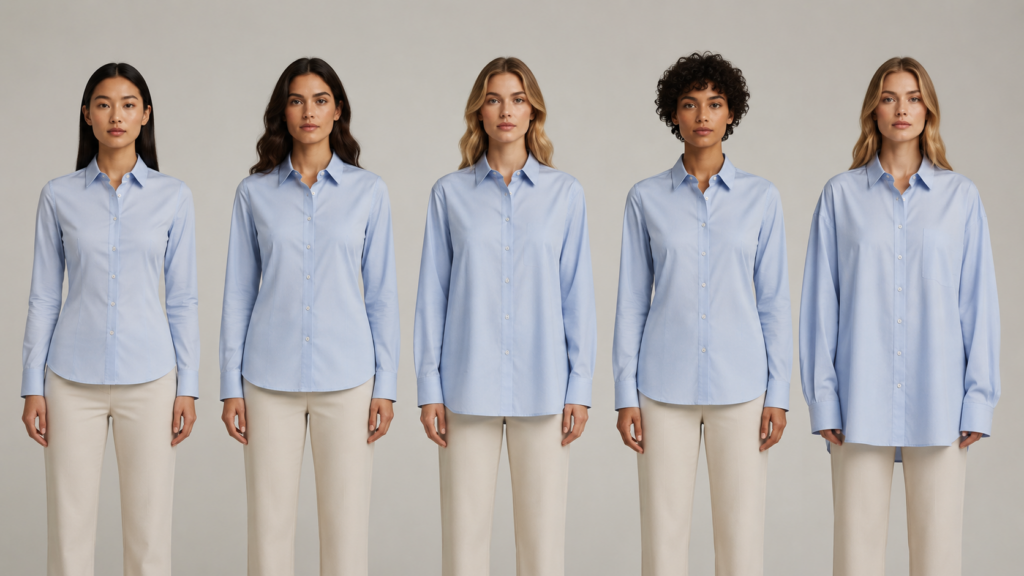 Different clothing fit types illustrating variations in garment silhouette and ease for fashion apparel