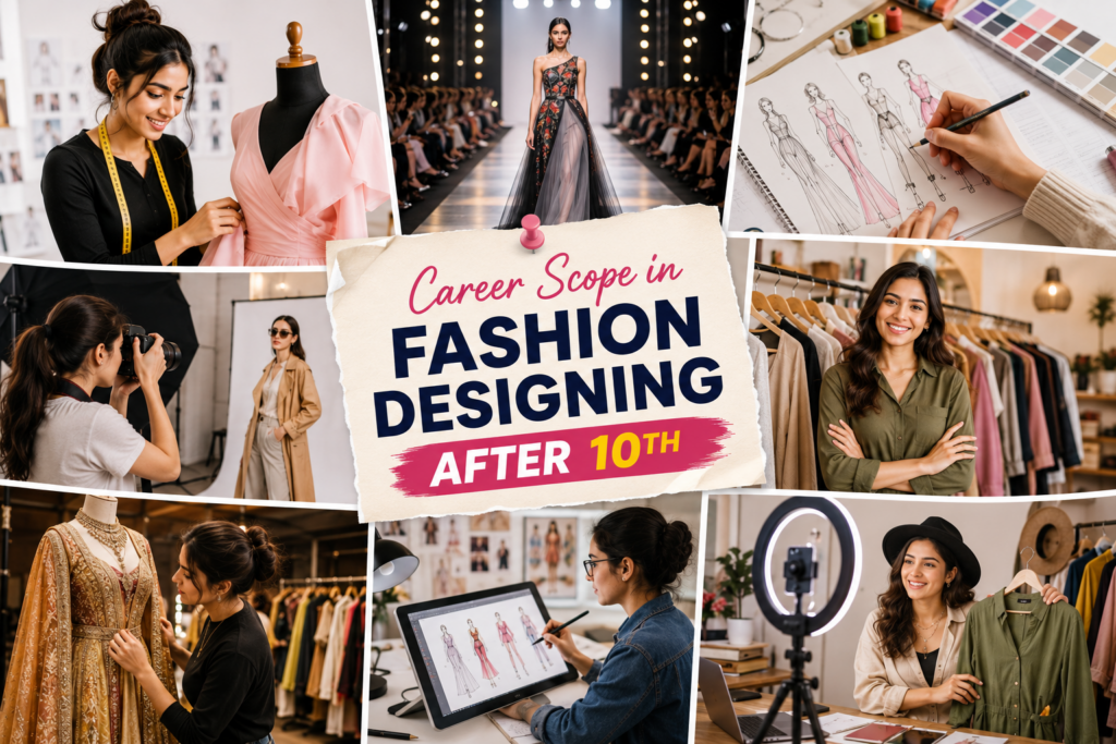 Career scope in fashion designing after 10th showcasing fashion designer, fashion stylist, costume designer, boutique owner, fashion illustrator, and fashion entrepreneurship opportunities.