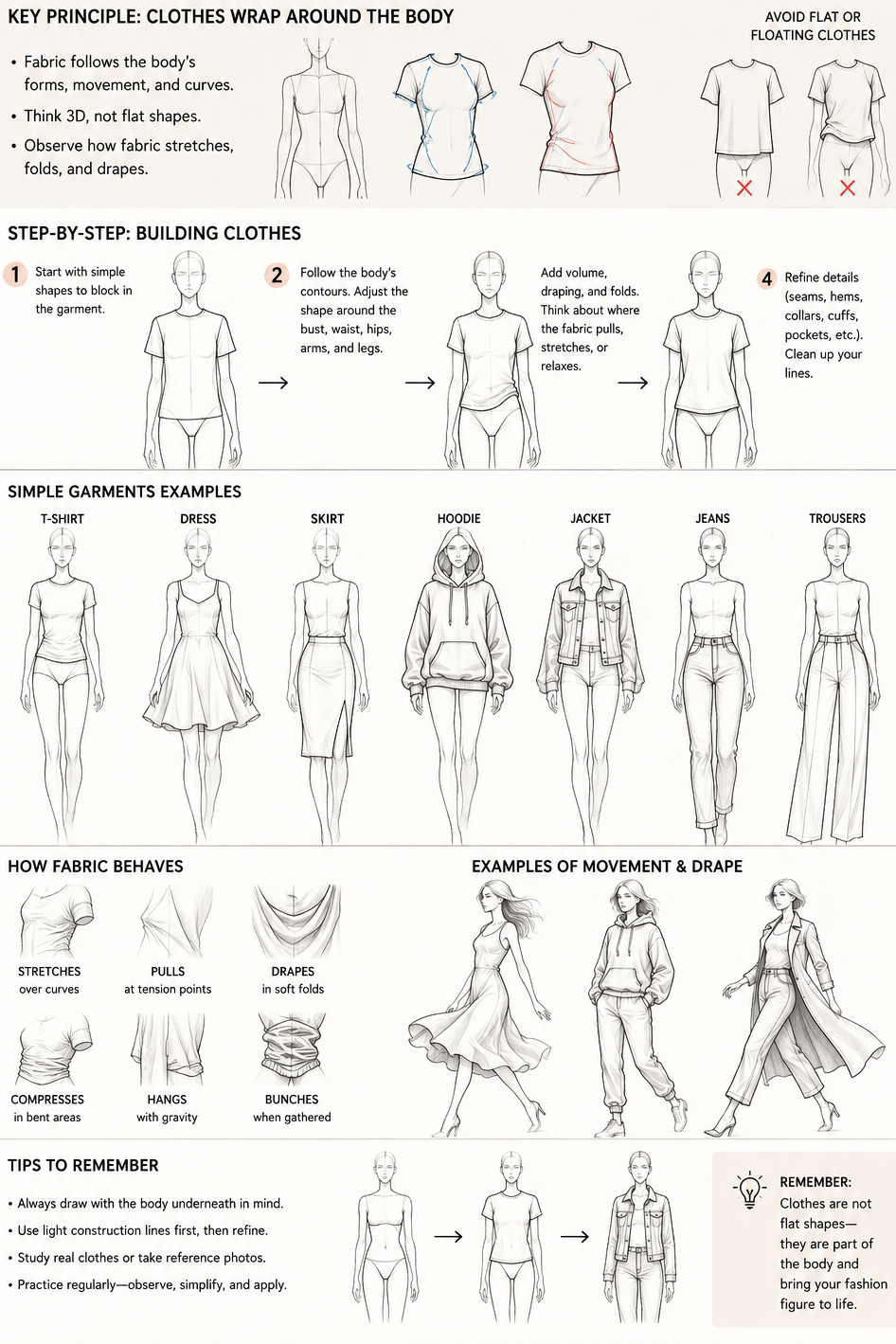 Guide showing how to draw clothes on a fashion figure with garment construction, fabric draping, and clothing proportions.