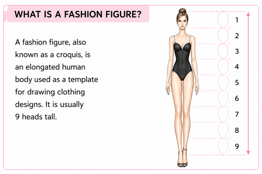 Fashion figure (croquis) showing the 9-head body proportion used for fashion illustration and clothing design sketches.