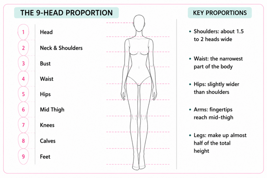 9-head fashion figure proportion guide showing body measurements, key landmarks, and correct croquis proportions for beginners.