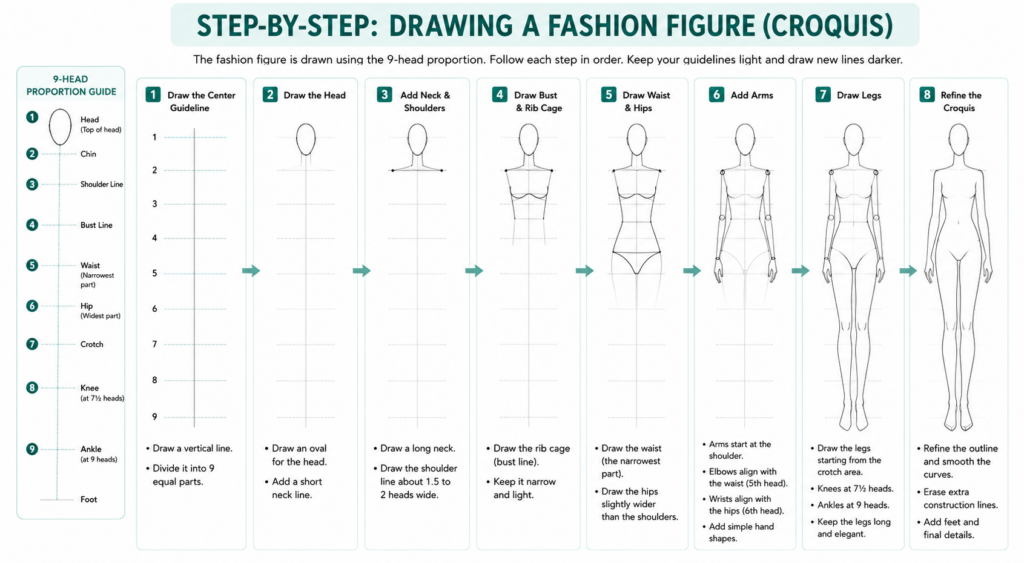 Step-by-step process for drawing a fashion figure using the 9-head croquis method from balance line to completed fashion sketch.