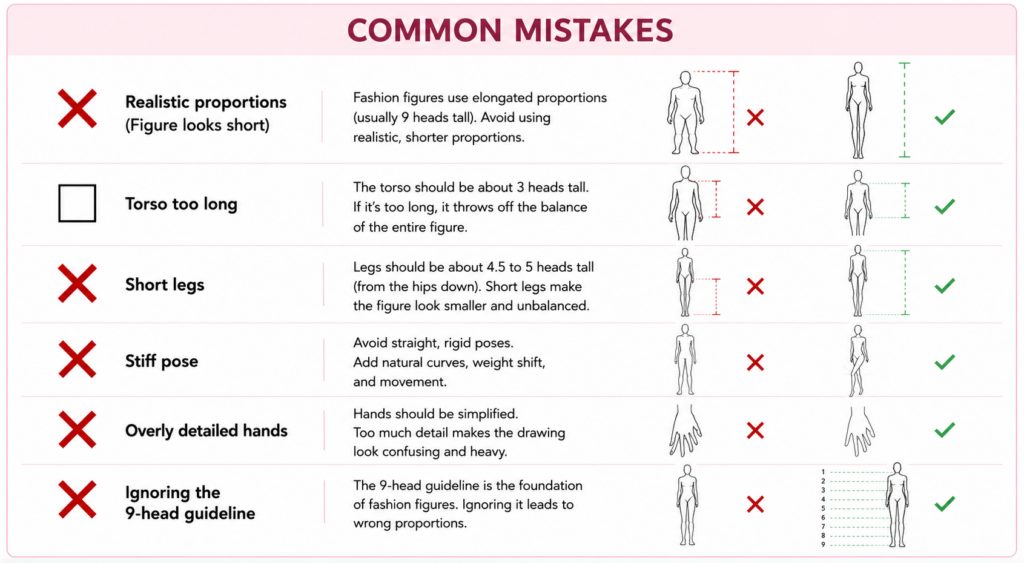 Common fashion figure drawing mistakes compared with correct croquis proportions, poses, and fashion illustration techniques.
