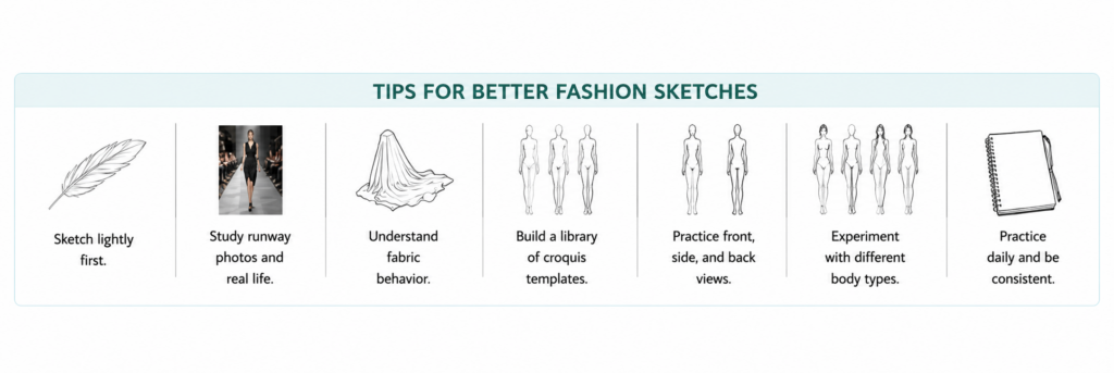 Professional tips for improving fashion sketches including croquis practice, runway references, fabric study, body proportions, and daily drawing exercises.