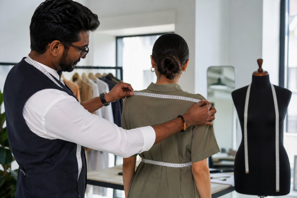 Professional tailor measuring shoulder width and waist of a client in a fashion design studio for accurate garment fitting and custom clothing measurements.