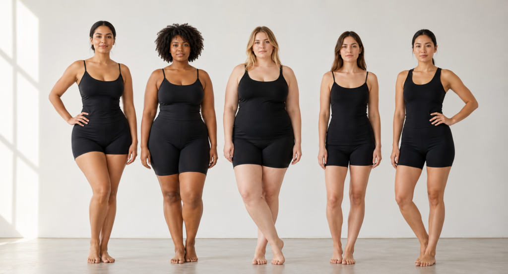 Different female body shapes for accurate body measurements in fashion design and garment fitting.