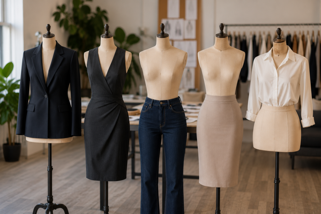 Perfectly fitted blazer, dress, jeans, skirt, and shirt displayed on mannequins inside a professional fashion design studio showcasing custom garment fitting.
