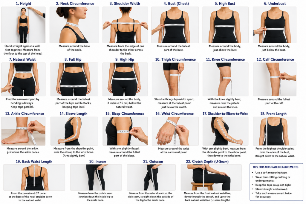 Body measurement chart showing the correct way to measure 22 key body measurements for fashion design, sewing, and pattern making.