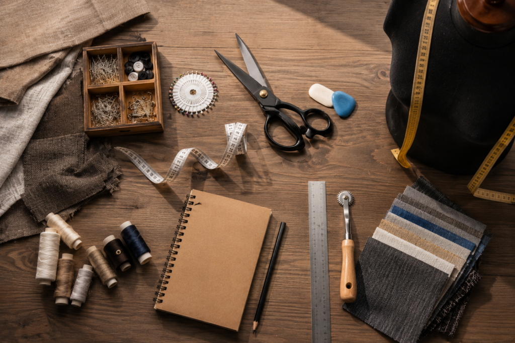 Top view of tailoring tools including measuring tape, fabric swatches, scissors, pins, ruler, notebook, and mannequin used for accurate body measurements and garment construction.