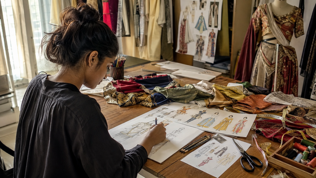 Costume designer sketching character outfits with fabric samples in a fashion design studio.