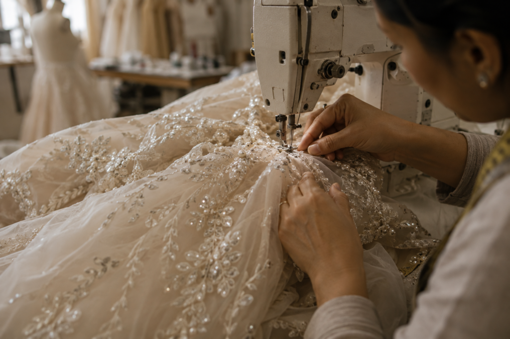 Bridal fashion designer stitching intricate lace and beadwork on a wedding gown using an industrial sewing machine in a fashion studio.
