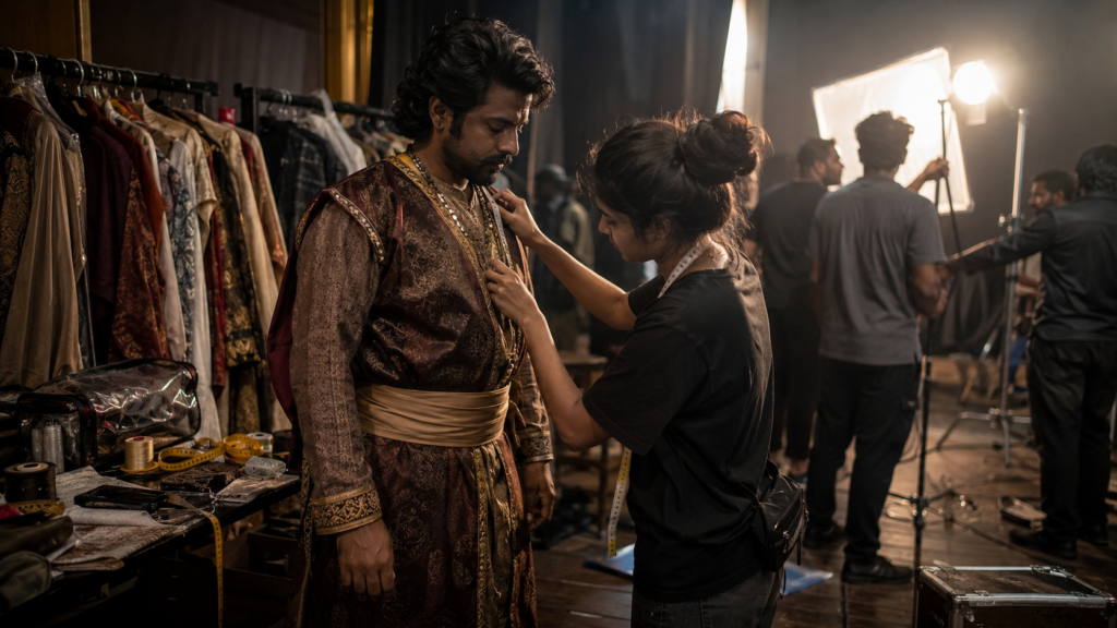 Costume designer fitting a historical costume on an actor during a film production shoot.