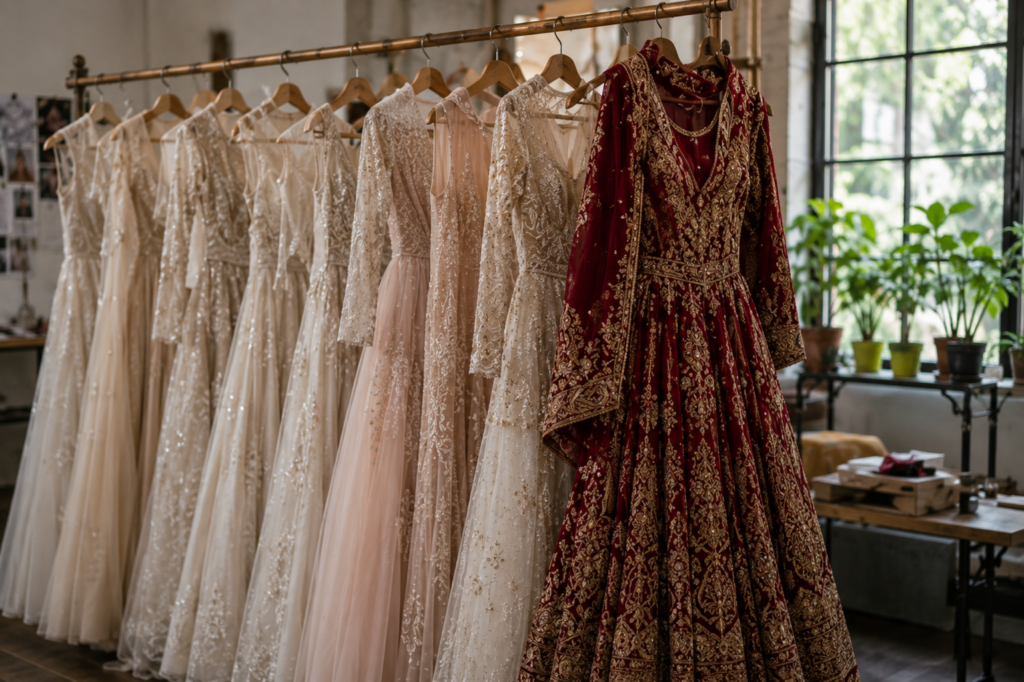 Collection of bridal gowns and embroidered lehengas displayed in a bridal fashion studio showcasing modern and traditional wedding wear.